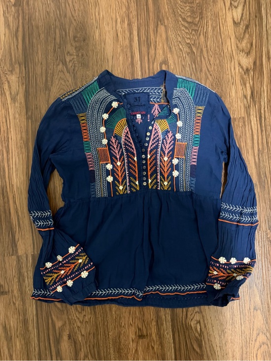 Johnny Was Tops - Johnny Was Navy Embroidered Boho Tunic with Multicolor Accents